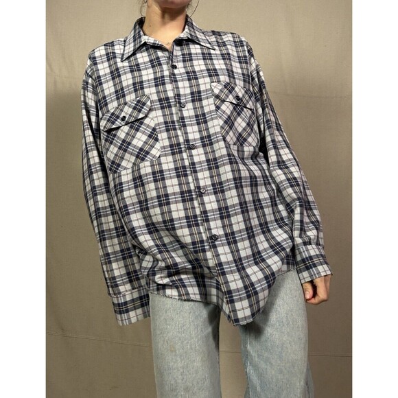 Sears Short Sleeved Work Shirt Perma-Prest Vintage New Blue Plaid - Picture 2 of 6